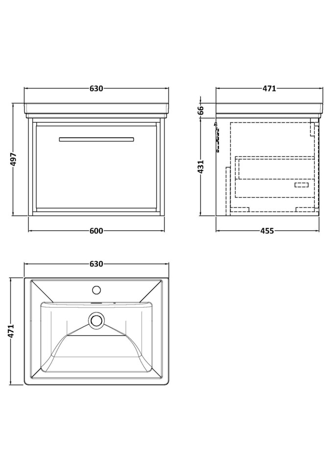 image 1 of Balterley Modern Bathroom Wall Hung Single Drawer Vanity Unit with Fireclay Basin - Vanity Basin Units, 1 Tap Hole | Grey | Monument Grey | 497 x 630 x 471mm