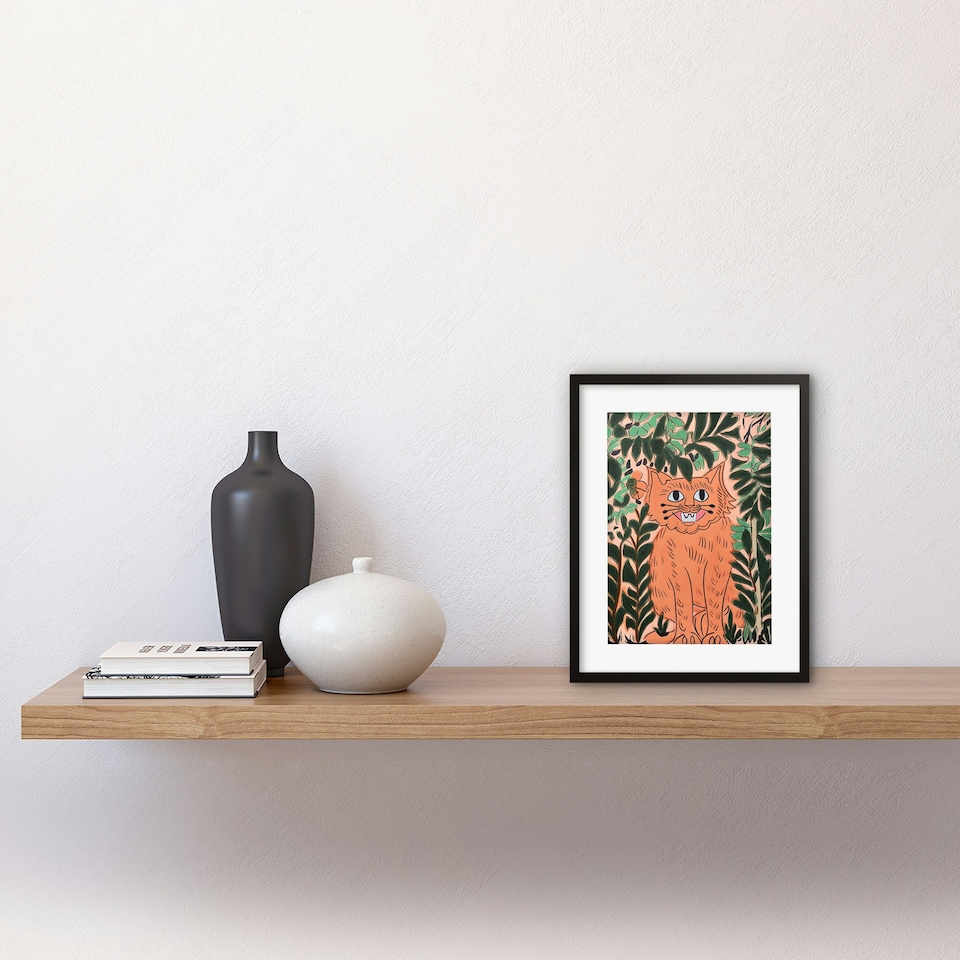 image 1 of Ginger Orange Tabby Cat Plants Modern Folk Art 9x7" Black Framed Wall Art Print