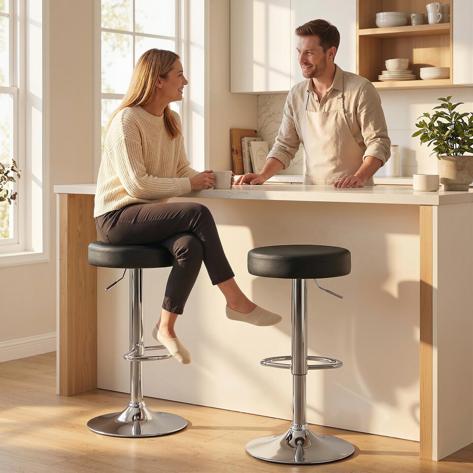image 1 of HOMCOM Bar Stools Set of 2, Height Adjustable Breakfast Bar Chairs | Black | Black | 38.5 x 38.5 x 62-84 cm
