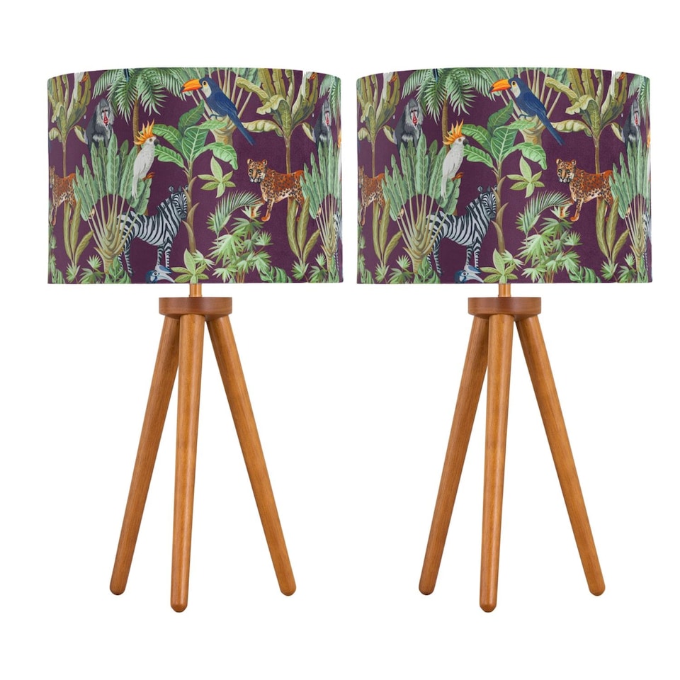 image 1 of Set of 2 Dark Oak Table Lamp or Bedside Lights with Safari Shades | Brown | Multi | Large | 2
