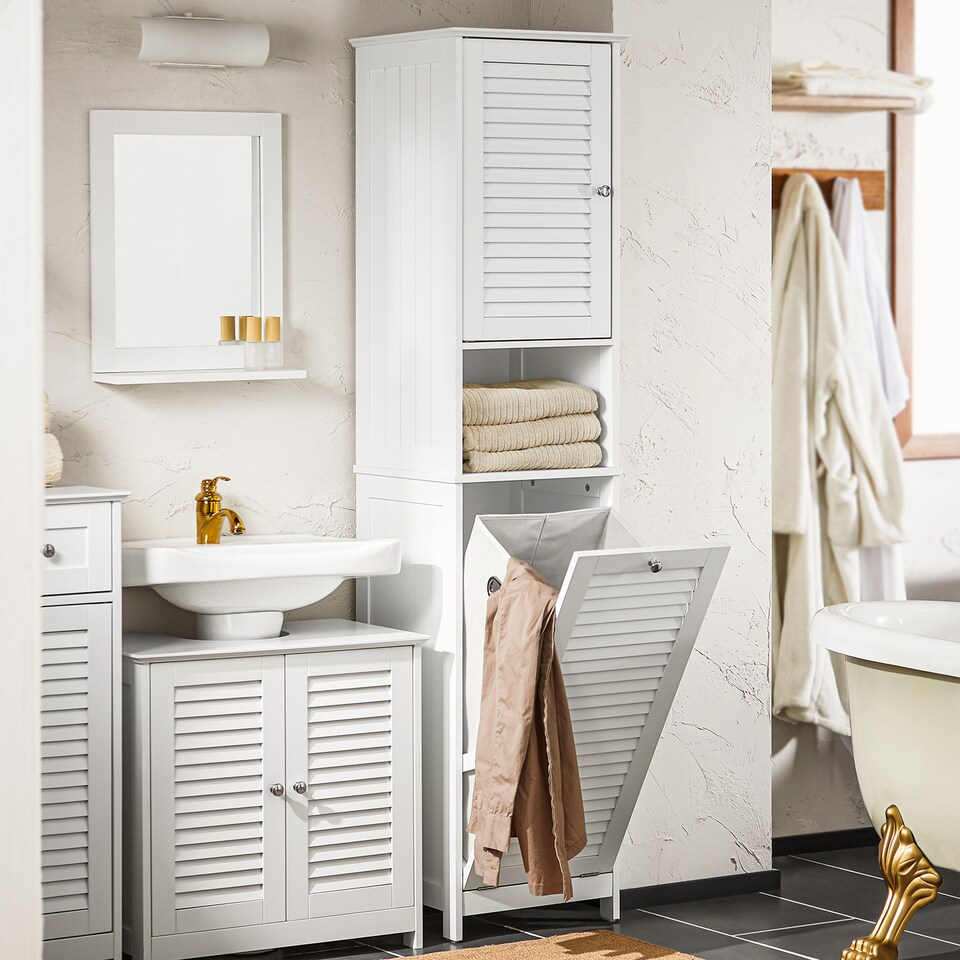 image 1 of SoBuy BZR124-W,Tall Bathroom Storage Cabinet with Laundry Basket | White | White | 1