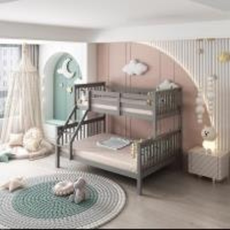 image 1 of Grey Bunkbed with 2 Mattresses 3ft Single & 4ft6 Double Trio Bunkbed, Wooden Children Bedroom Furniture