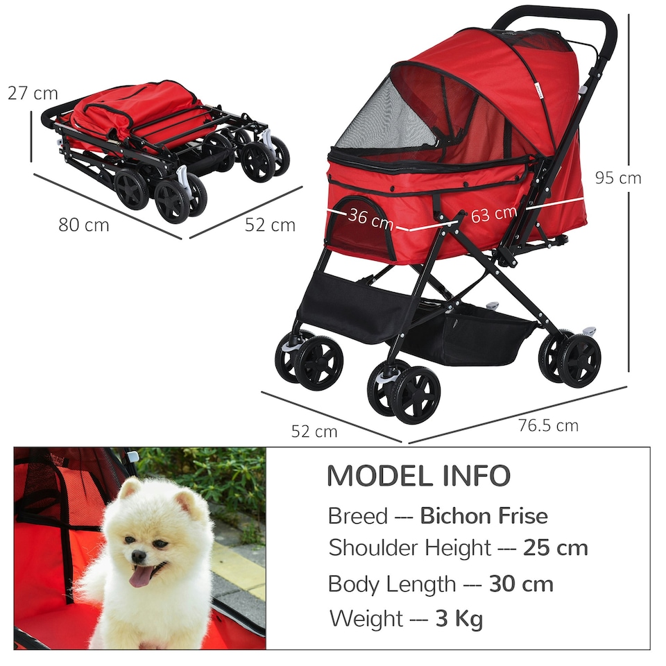 image 1 of PawHut Pet Stroller Dog Foldable Travel Carriage with Reversible Handle, Red
