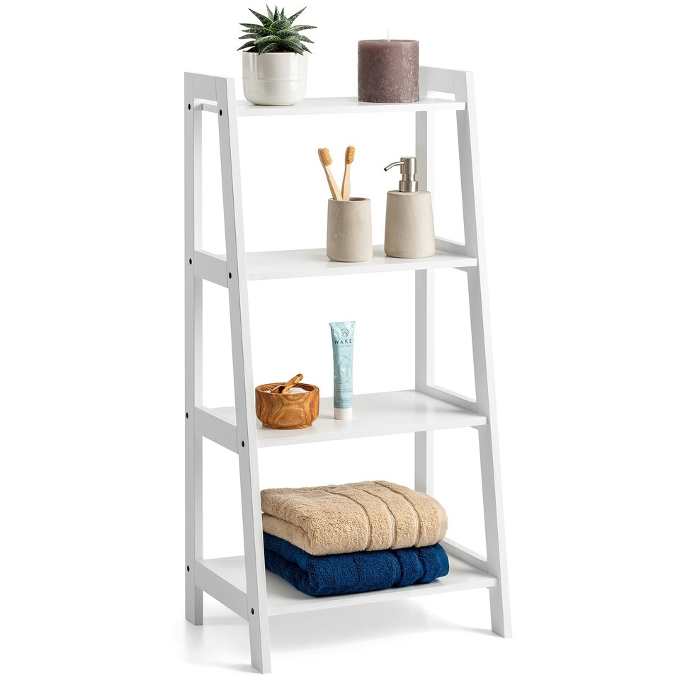 image 1 of Christow White Ladder Shelf Wooden 4 Tier Storage Unit Display Stand Bathroom