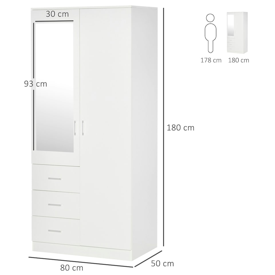 image 1 of HOMCOM 2-Door Wardrobe w/ Adjustable Shelf 3 Drawers for Bedroom, 180cm, White