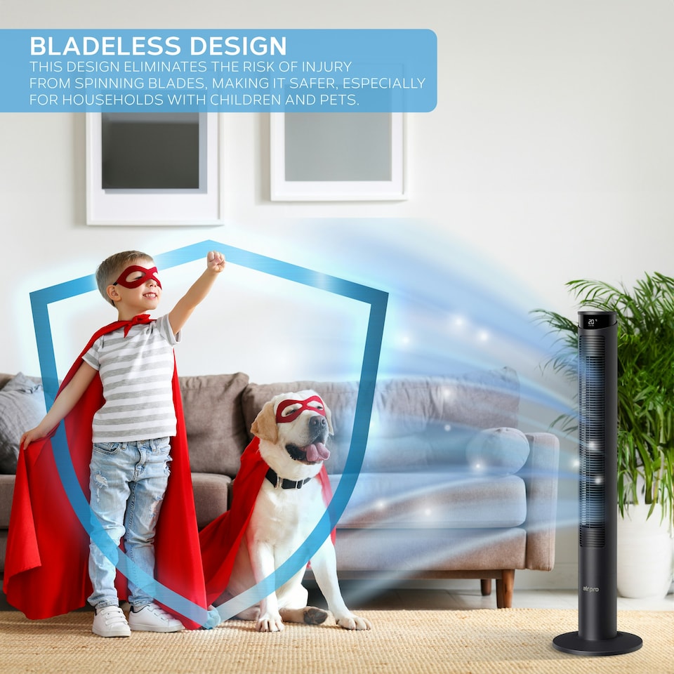 image 1 of Air Pro Smart 46" Tower Fan - Oscillating Bladeless Fan with Remote Control - Black