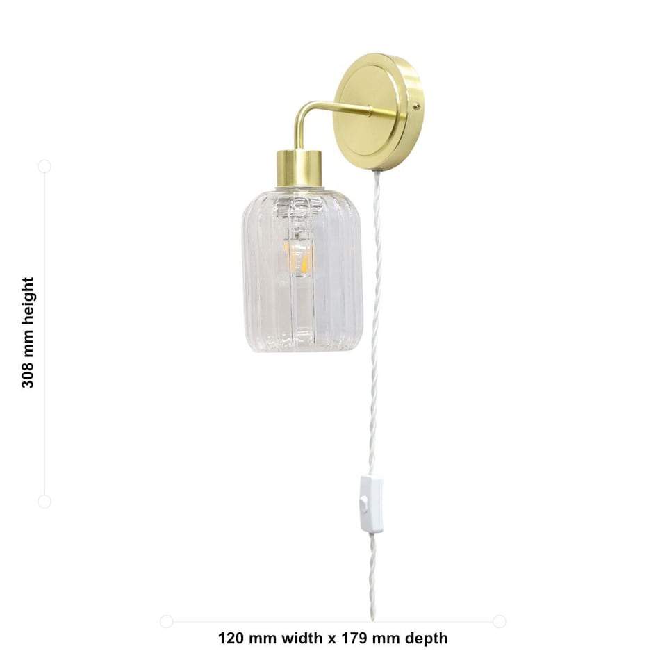image 1 of Toby - Satin Brass Plug in Wall Light with Lozenge Ribbed Glass Shade