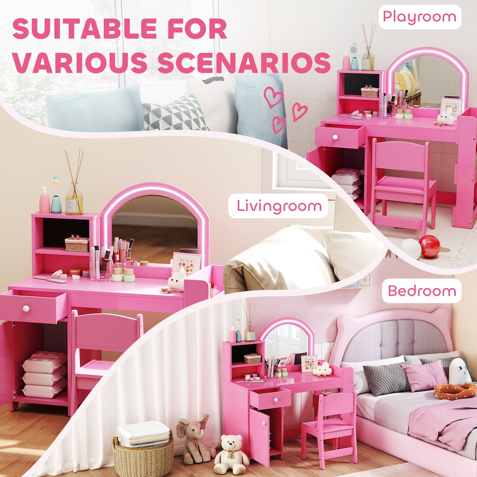 image 1 of AIYAPLAY Kids Vanity Table and Chair Set, Girls Dressing Table with 2-Colour LED Mirror, Stool, Cabinet, Drawer, Bookshelf and Shelves for Ages 3-8 Years | Pink