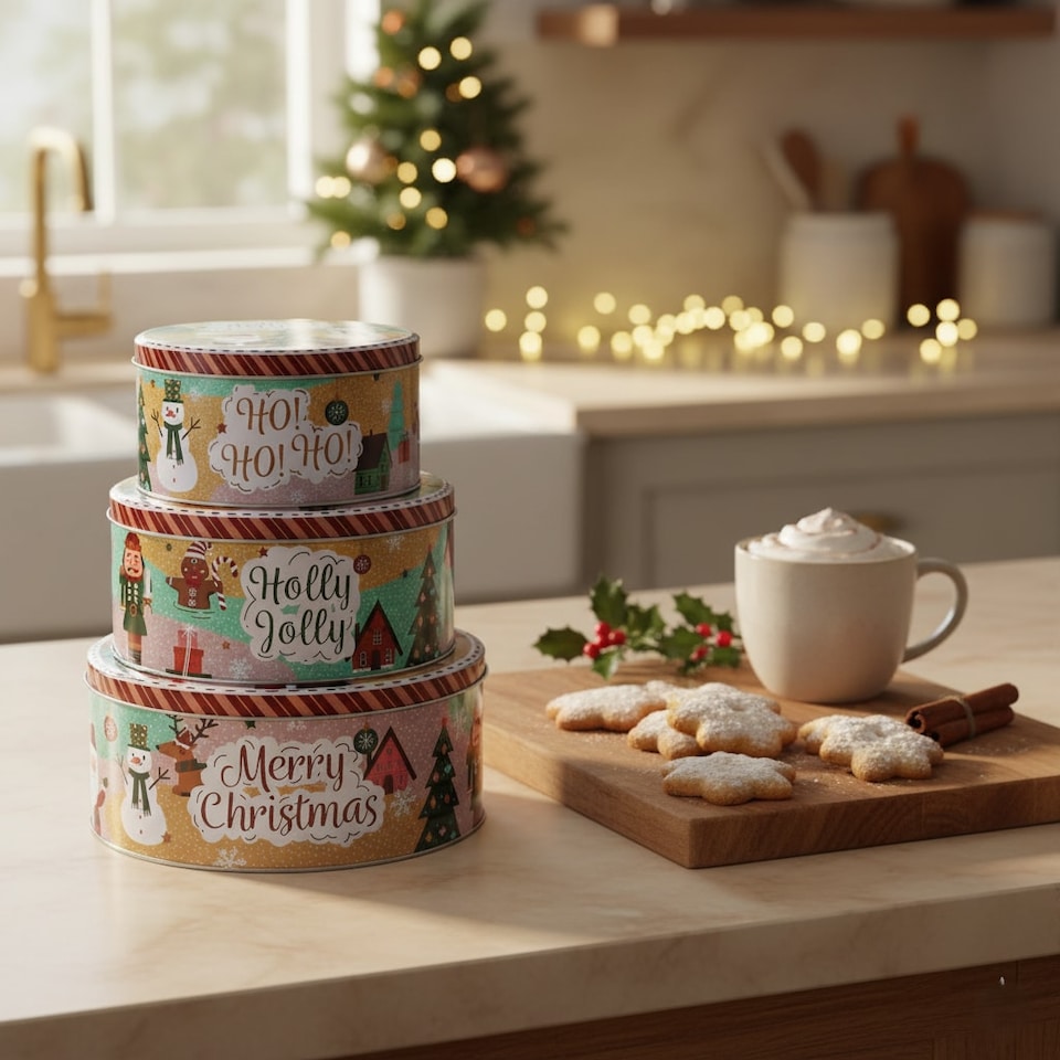 image 1 of Christmas Cookie and Cake Nesting Tin Set | Multi | Santa & Snowman | 3