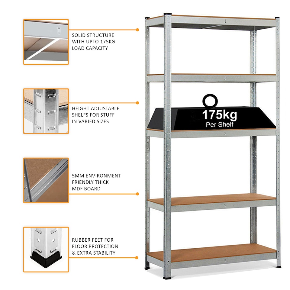 image 1 of Racking Shelf Heavy Duty 5 Tier Garage Shelving Storage Shelves Unit 180x90x40cm | Silver | Silver