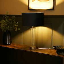 ValueLights Clear Tube and Brushed Chrome Metal Bedside Table Lamp with a Navy Blue Velvet Shade - LED Bulb Included