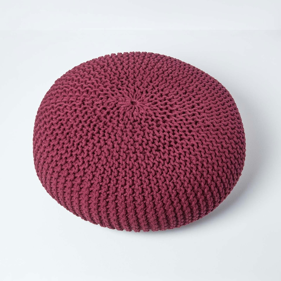 image 1 of Homescapes Plum Large Round Cotton Knitted Pouffe Footstool