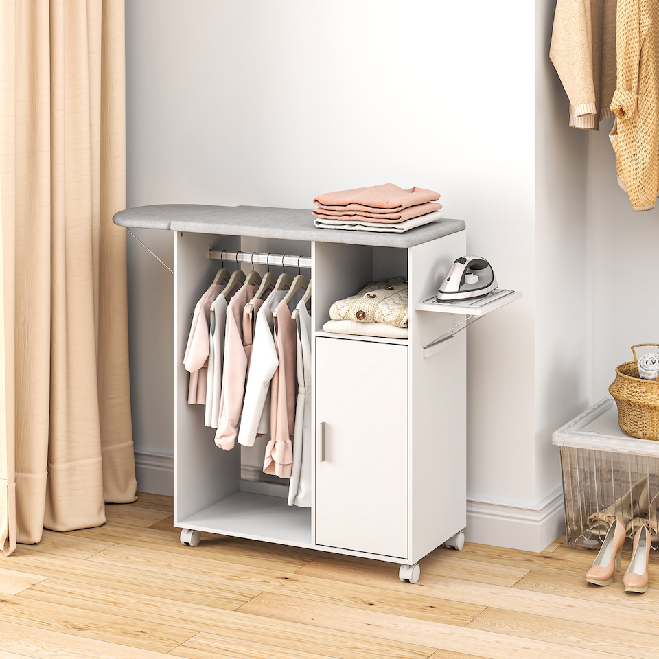 image 1 of HOMCOM Rolling Ironing Board Cabinet, Foldable Ironing Station with Storage