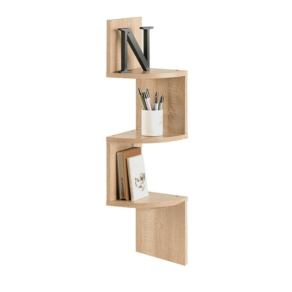 image 1 of Living and Home 3 Tier Wooden Floating Corner Wall Shelf- Brown