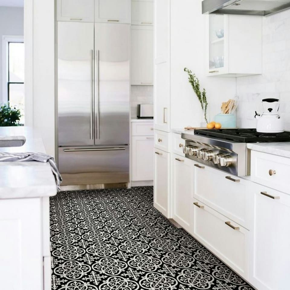 image 1 of Fine Decor Floorpops Floor Tiles (Pack of 10) - Black/White - 30cm x 30cm x 0.1cm Black | 30cm x 30cm x 0.1cm