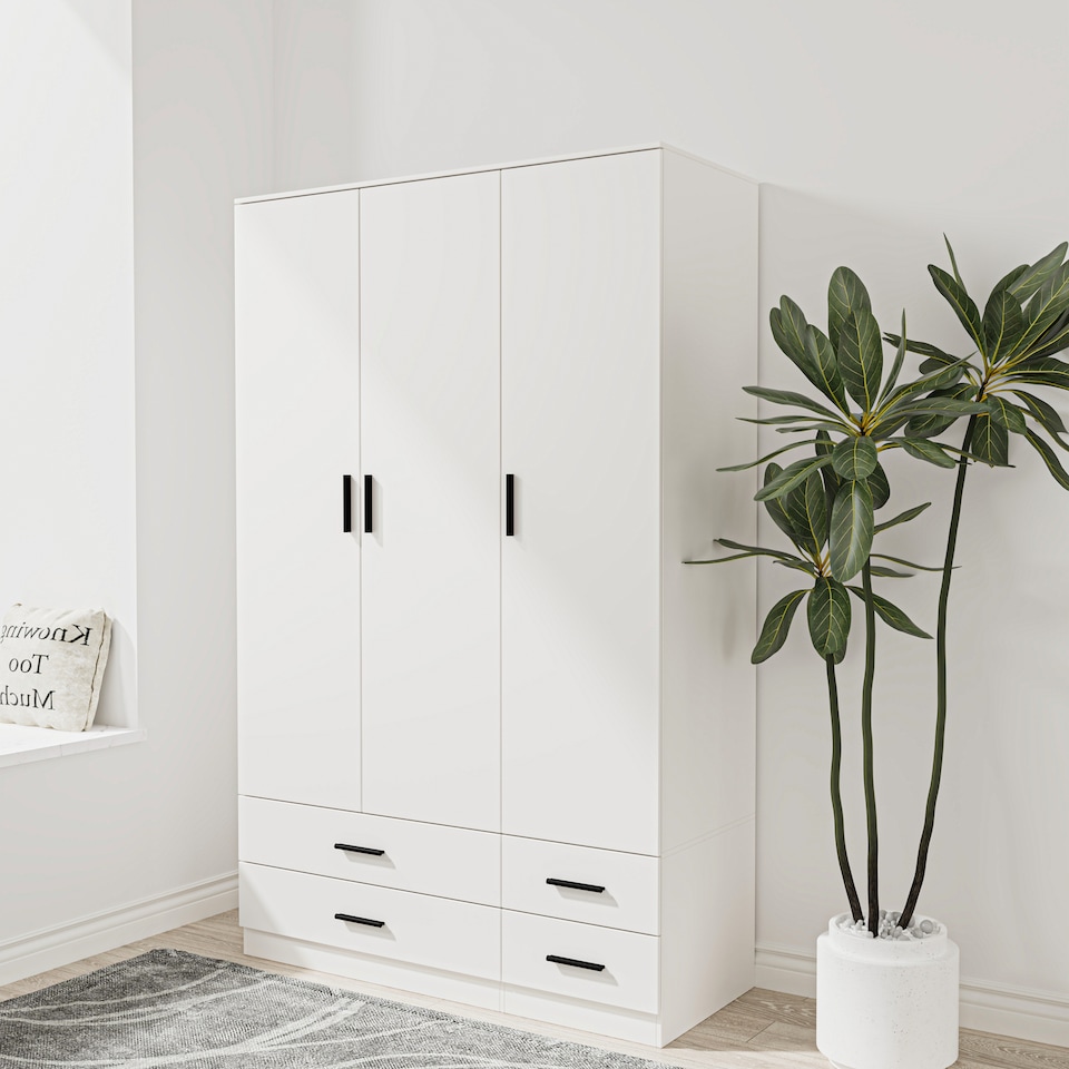 image 1 of 3 Door 4 Drawer Wardrobe With Hanging Rail And Storage Shelf | White | White Carcass & Door | 1