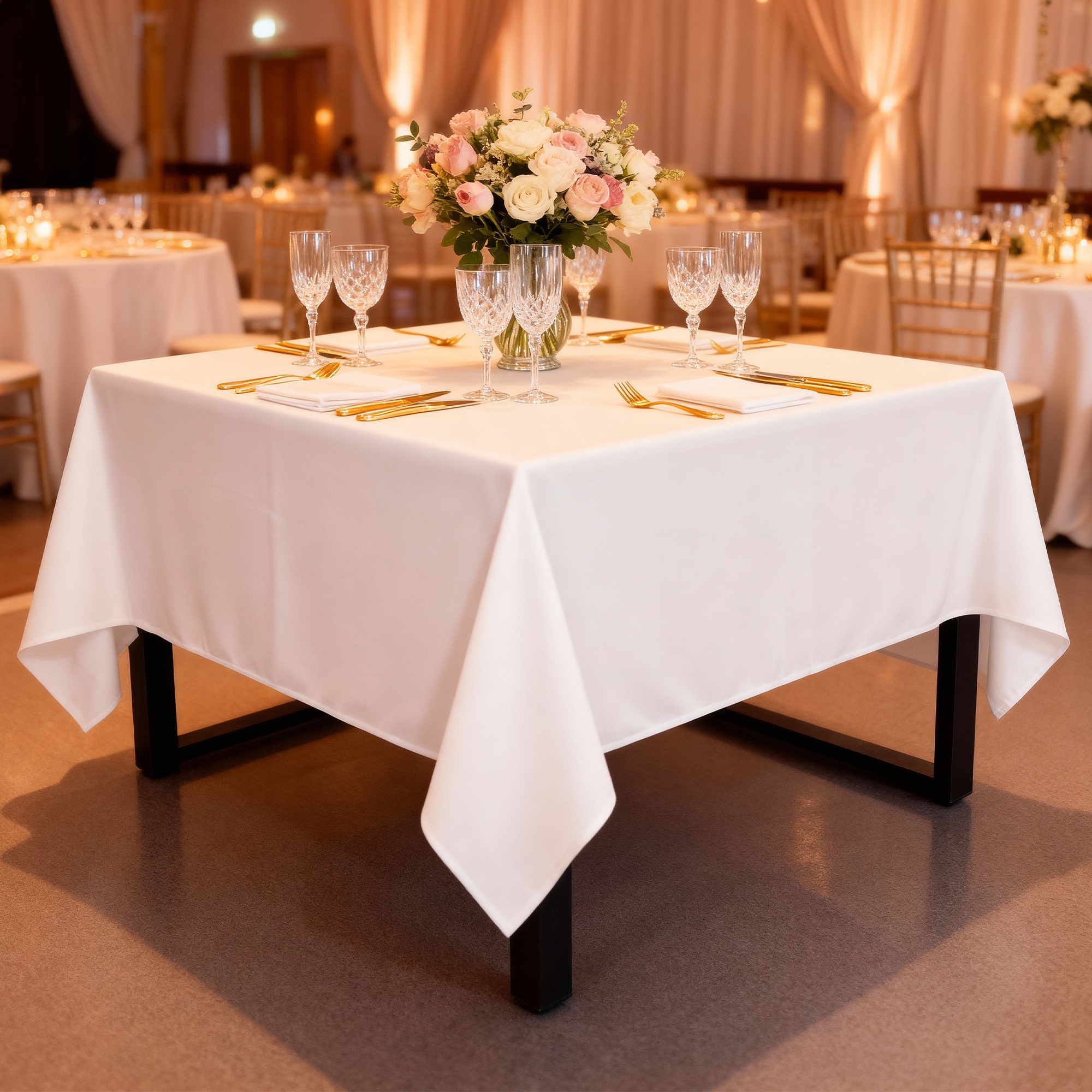 Neel Blue 90 Inch Square Table Cloth, Spun Polyester Linen Tablecloth in White