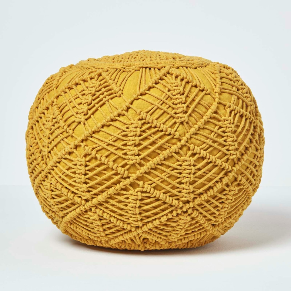 image 1 of Homescapes Mustard Macrame Knitted Pouffe - 40 x 50 cm