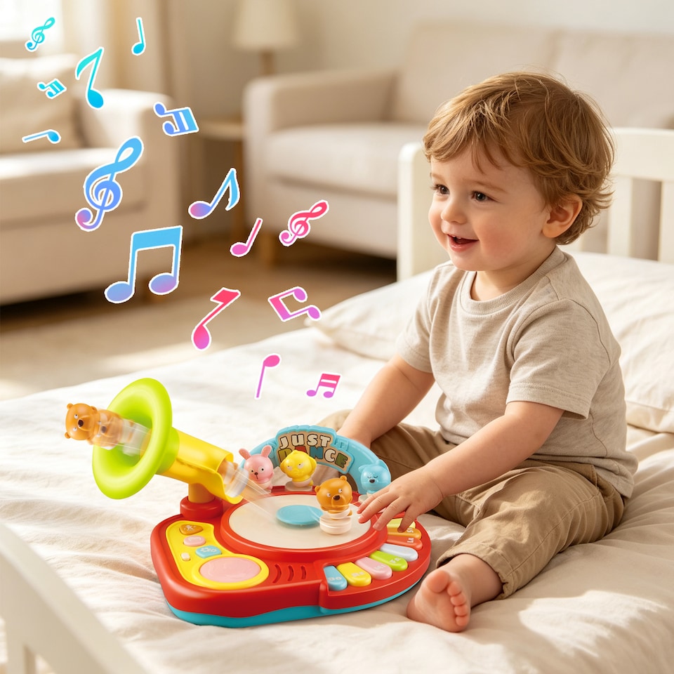 image 1 of Baby Musical Piano Toy with 4 Dancing Animal Figures - Interactive Toddler Keyboard Learning Toy with Music, Lights & Drum Sounds – Educational Gift for Ages 1-4