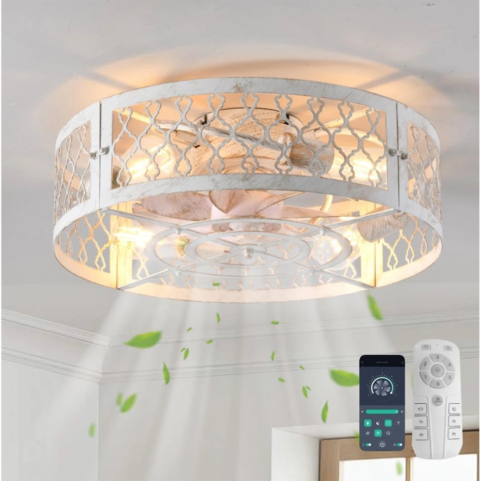 image 1 of Industrial Flush Mount Ceiling Fan White 4xE27 50cm with Remote Control