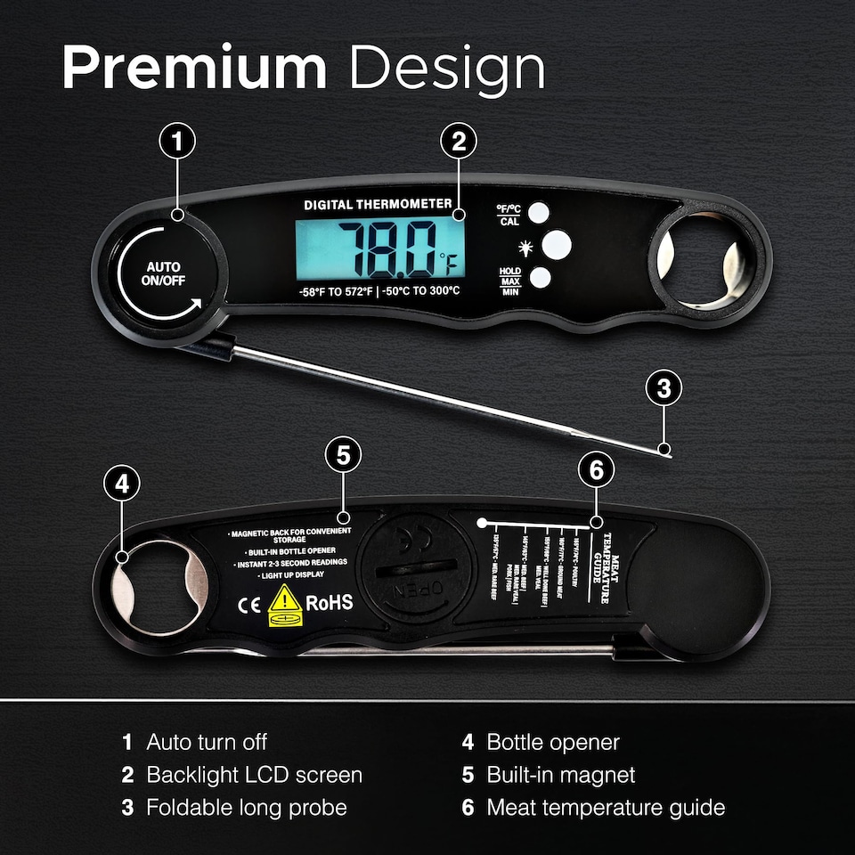 image 1 of Keplin Cook Digital Meat Thermometer Instant Read Foldable Probe Backlit LCD