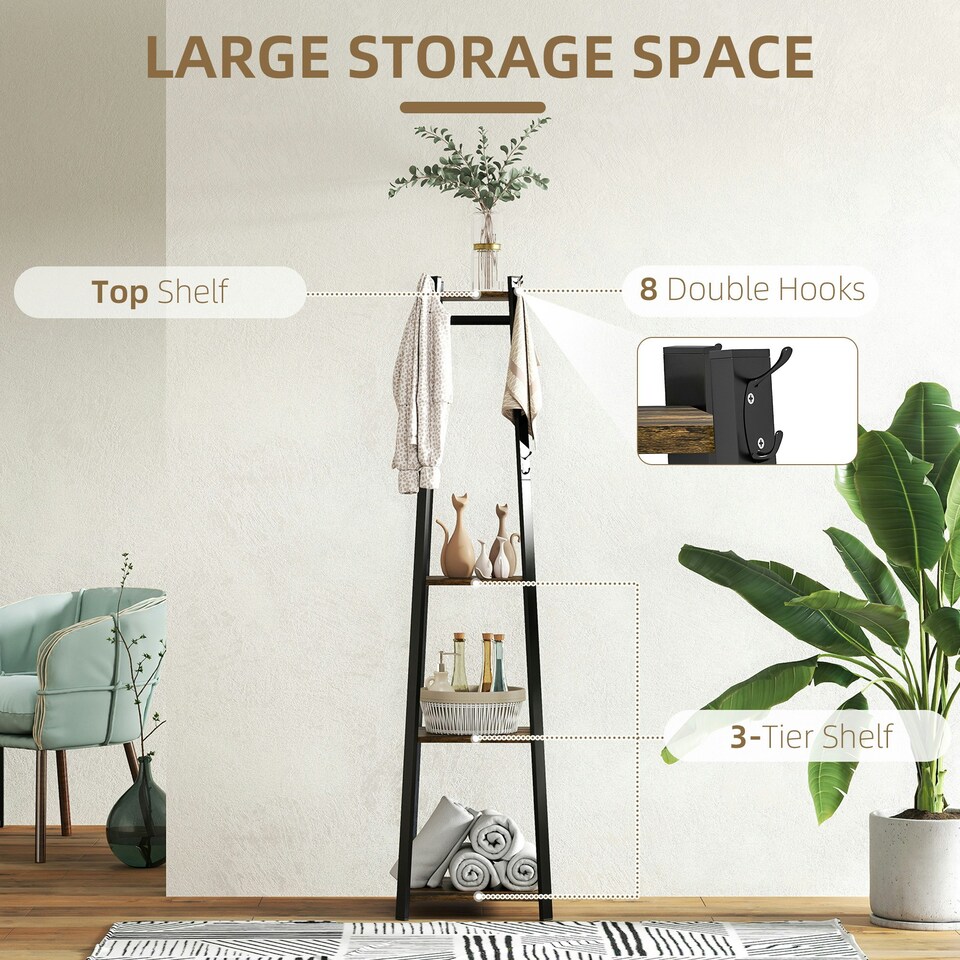 image 1 of HOMCOM Clothes Rack with Storage, Garment Rack with Hooks and Shelf Brown