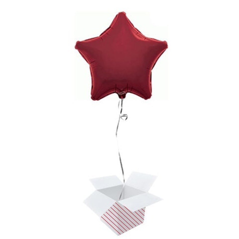 Burgundy Star Foil Helium Balloon - Inflated Balloon in a Box