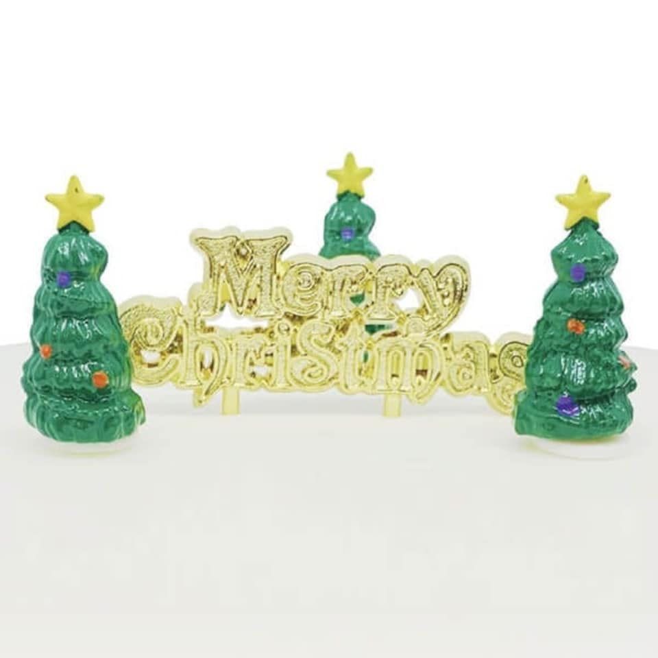 image 1 of Anniversary House Mini Christmas Tree Cake Toppers & Gold Merry Christmas Motto