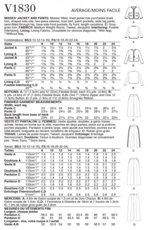 image 1 of Vogue 1830 Paper Sewing Pattern – Women’s Trousers & Jackets, Size B5 (8–10–12–14–16), Intermediate