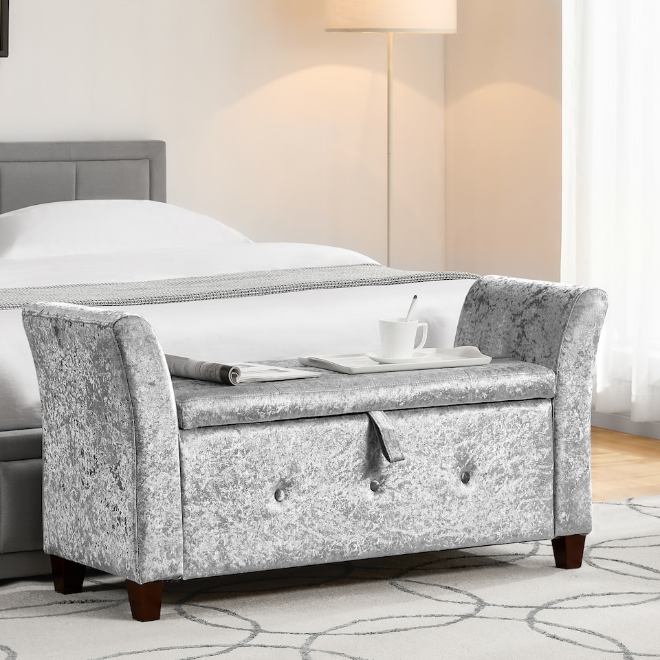 image 1 of Vida Designs Seville Storage Ottoman Bedroom Hallway Chest Bench, Crushed Velvet Silver | Silver | Silver