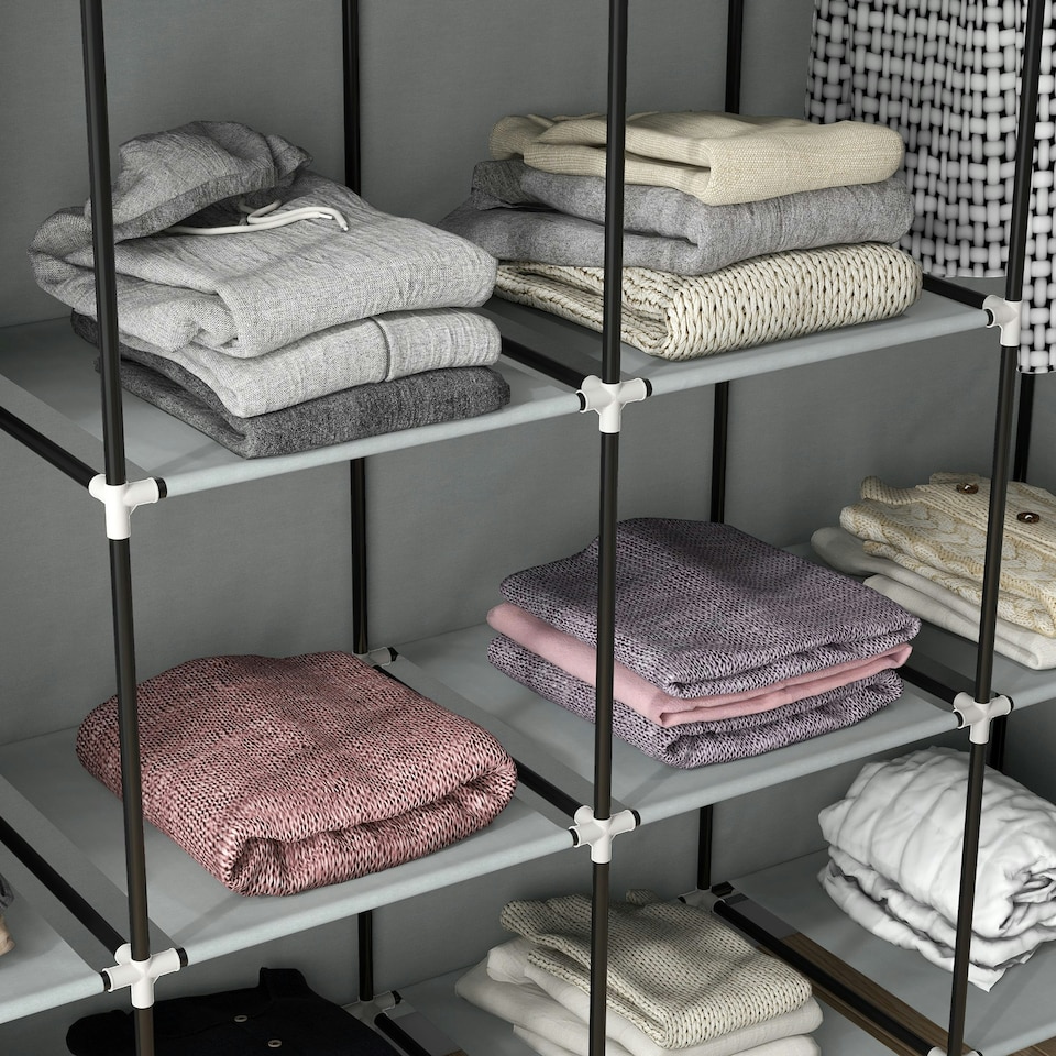 image 1 of HOMCOM Fabric Wardrobe w/ 12 Shelves 2 Hanging Rails Foldable Closets Grey