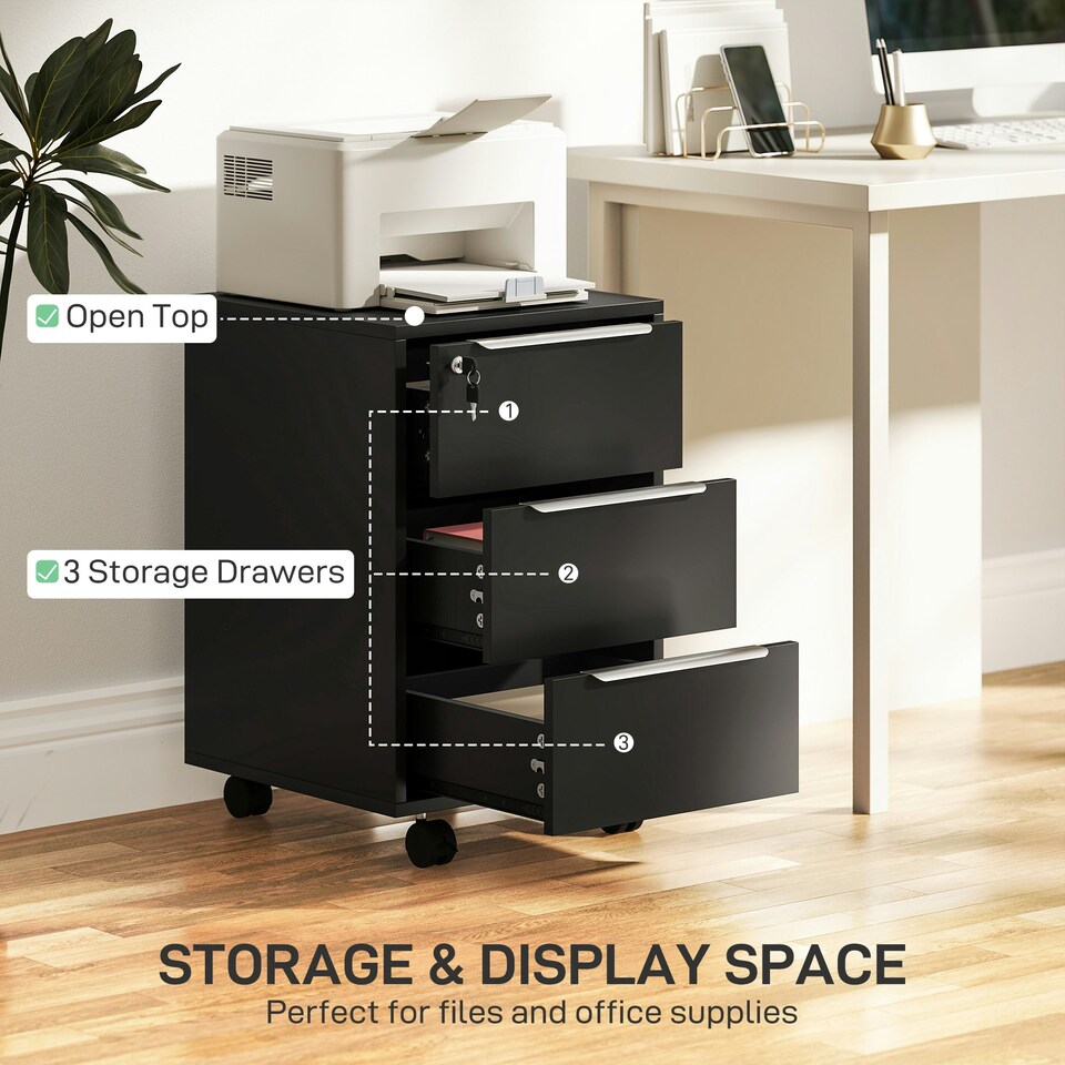 image 1 of HOMCOM Modern 3-Drawer Locking File Cabinet Mobile Filing Cabinet Grey White Black