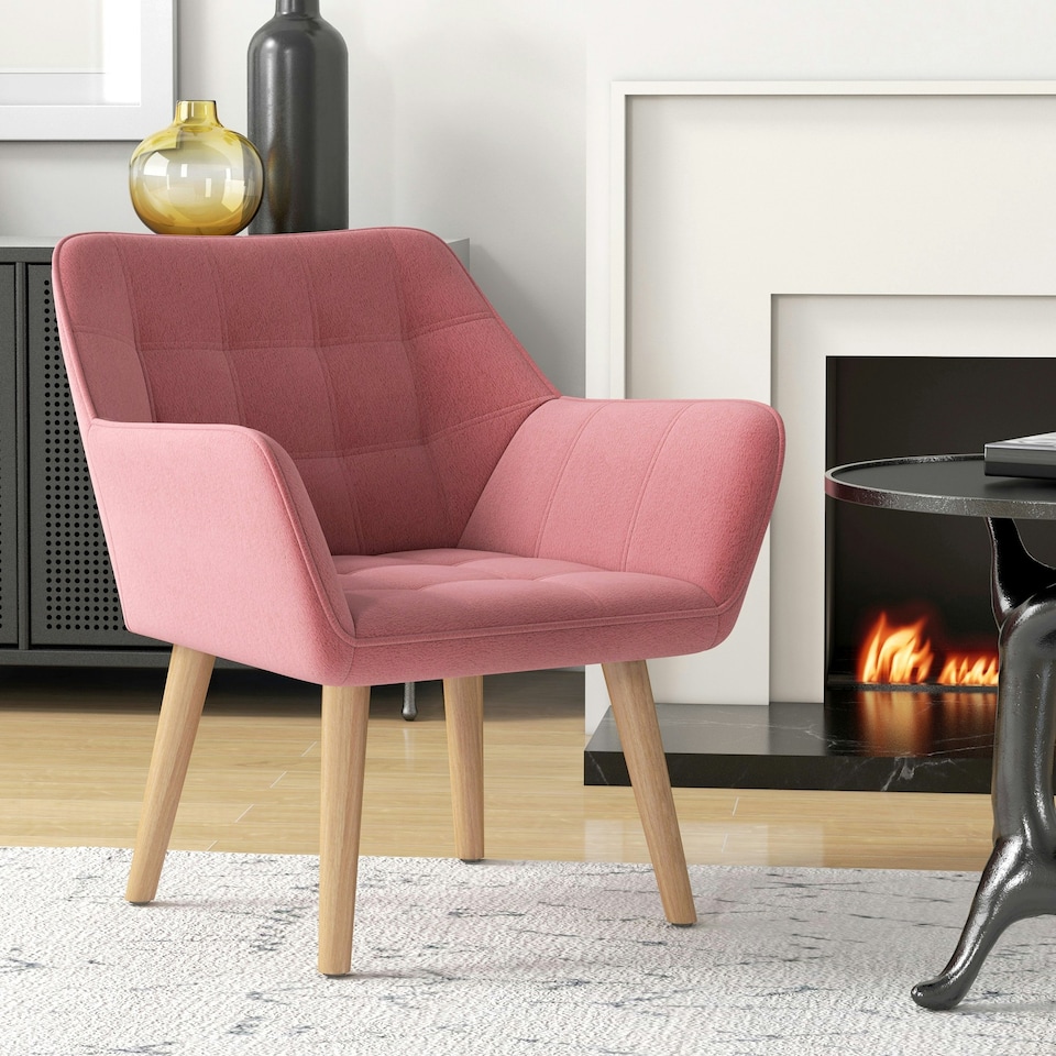 image 1 of HOMCOM Velvet-Feel Accent Chair with Arms Slanted Back Wood Legs Pink