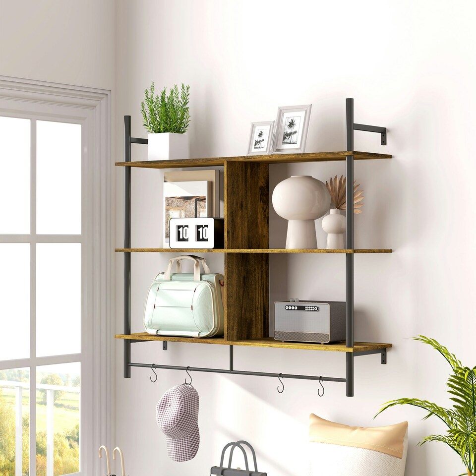 image 1 of HOMCOM Wall Shelf Unit with 4 Hooks for Living Room Rustic Brown