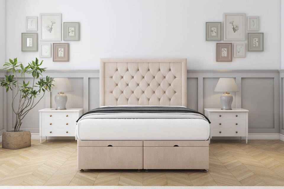 image 1 of Sloomy Montana Sand Naples Ottoman Bed With Mattress With 54" Floor Standing Headboard 4'6 Double