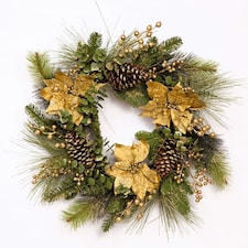 60cm Christmas Wreath with Gold Berries, Poinsettia, Eucalyptus Leaves, Pine Cones, Grapevine