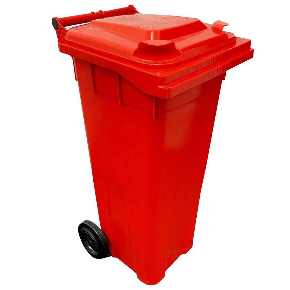 image 1 of Red 140L Compact Sized Waste Recycling Wheelie Bins With Strong Rubber Wheels & Lid Red