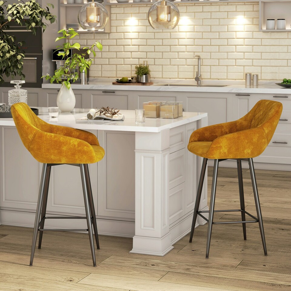 image 1 of HOMCOM Bar Stools Set of 2, Velvet-Touch Fabric Counter Height Bar Chairs Brown