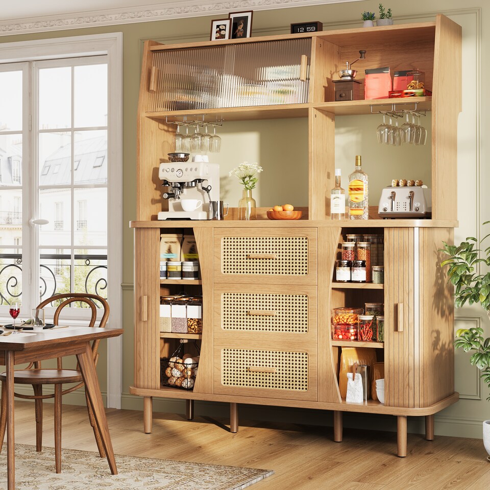 image 1 of VILUXE Tall Kitchen Storage Cabinet with Rattan-Effect Drawers and Glass Sliding Doors, 140 cm, Natural Wood