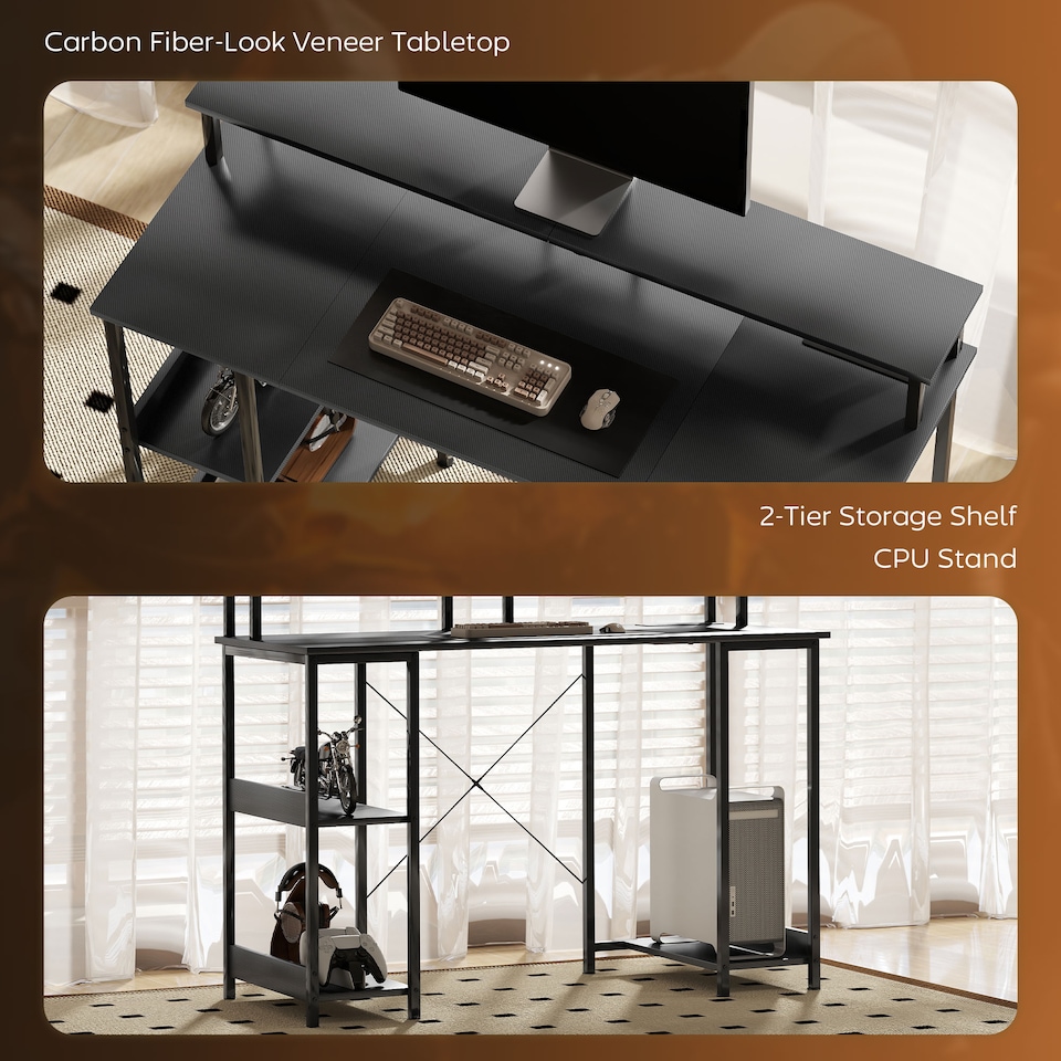 image 1 of HOMCOM Computer Desk with Power Outlets and LED Lights, 120 x 50cm Reversible Home Office Desk with Monitor Stand and 2-Tier Storage Shelves, PC Table with Cable Management, Carbon Fibre Grey