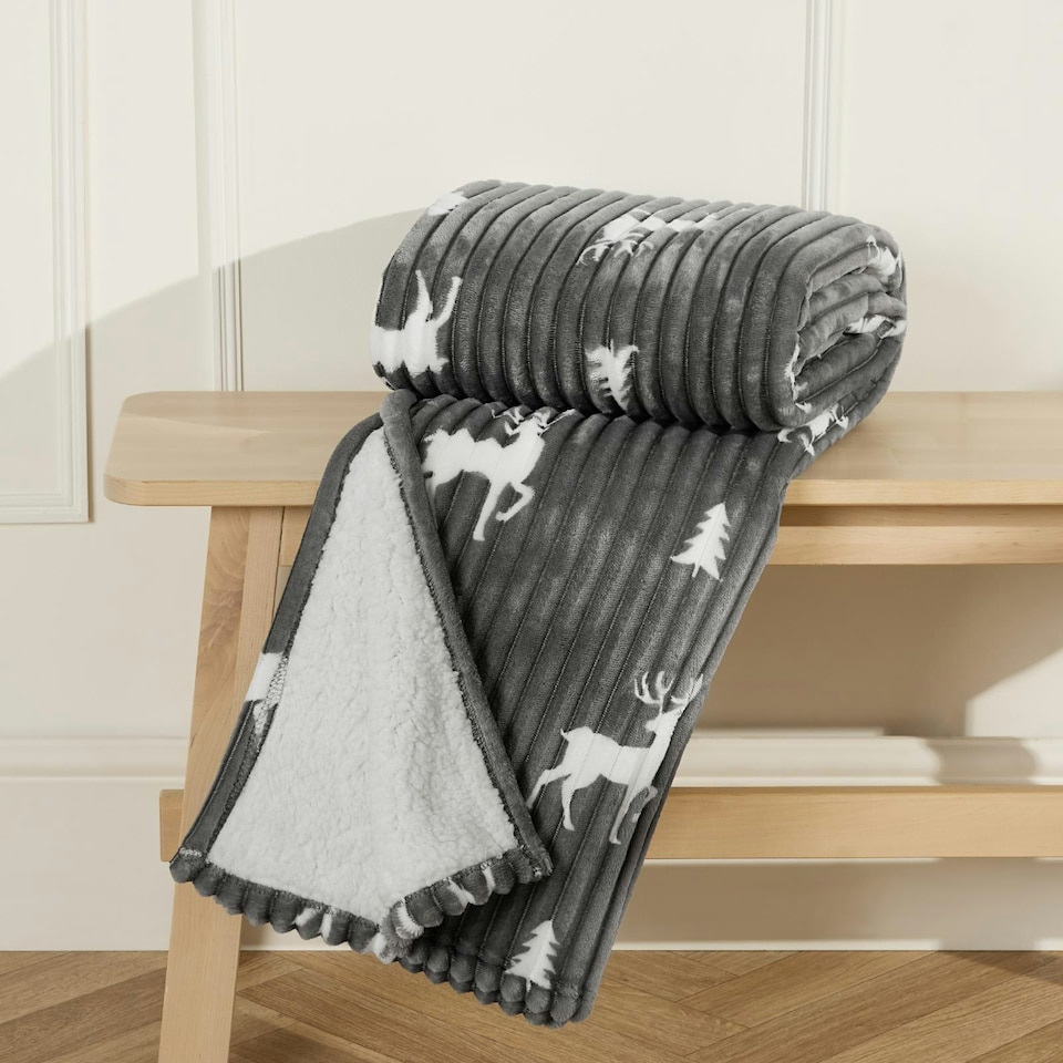 image 1 of OHS Christmas Stag Ribbed Sherpa Fleece Reverse Soft Warm Blanket Throw, Grey - 125x160cm