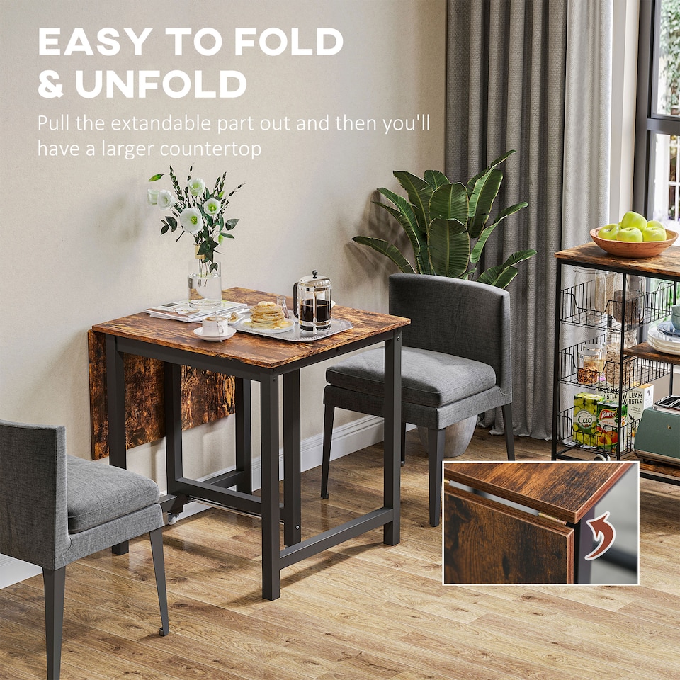 image 1 of HOMCOM Folding Dining Table, Industrial Drop Leaf Table with Wheels and Metal Frame for Kitchen, Dining Room, Space Saving, Rustic Brown