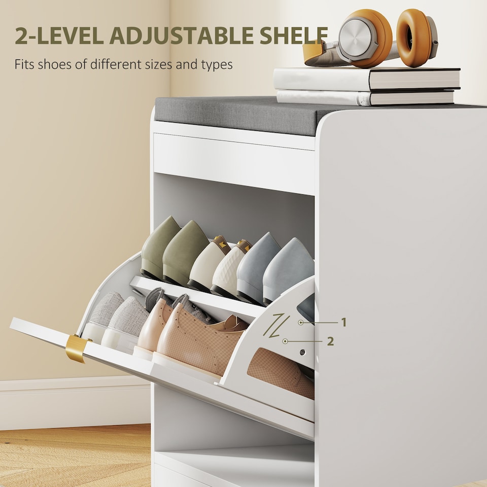 image 1 of HOMCOM Shoe Bench with 1 Flip Drawer, Cushion, 5 Pairs for Entryway White