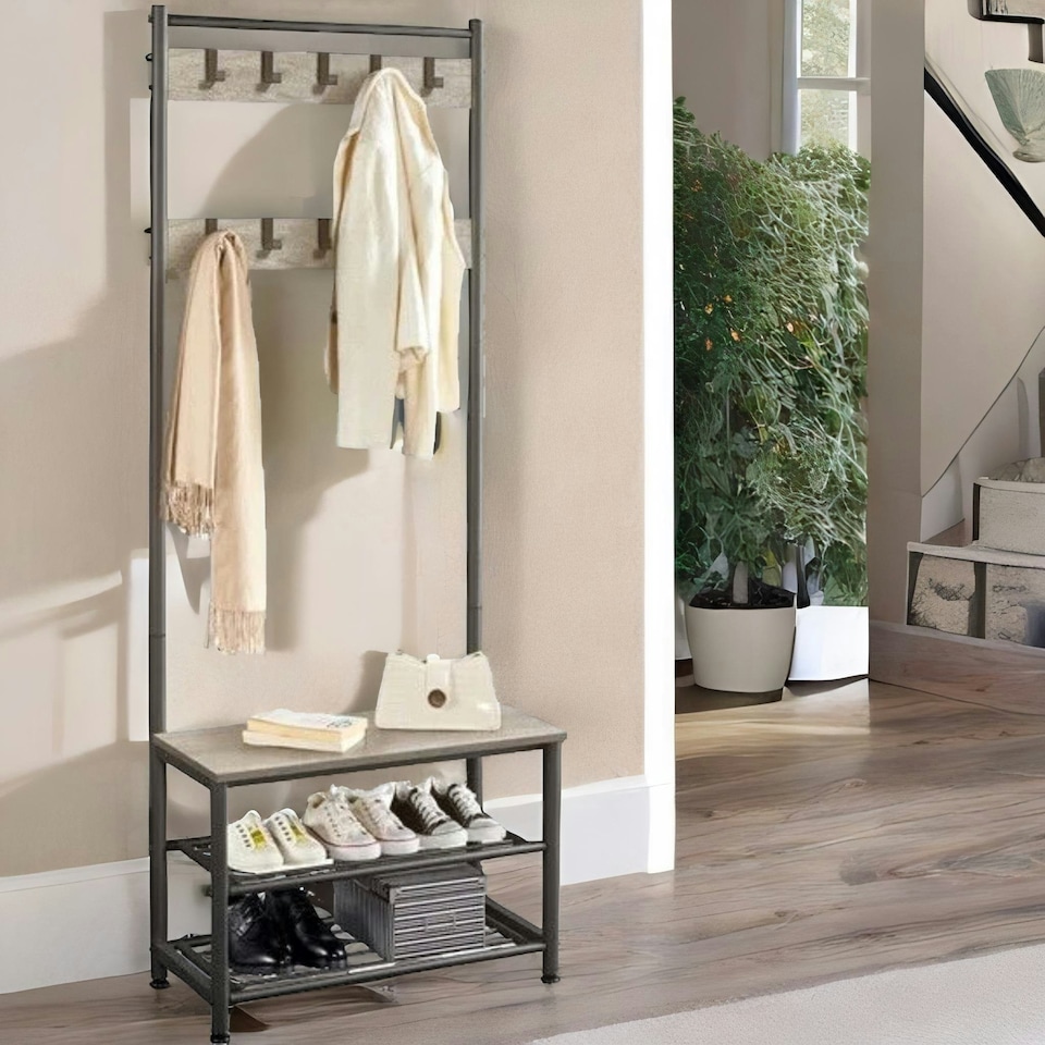 image 1 of Hall Tree Coat Stand With Shoe Storage and Hooks Brown One Size