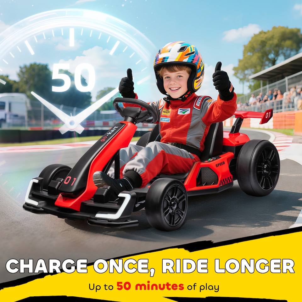 image 1 of HOMCOM 24V Electric Go Kart for Kids, Ride On Racing Kart with Adjustable Seat, Battery Powered Drifting Ride On Car with Music, Light, Slow Start, Button Start, Horn, for 6-12 Years, Red
