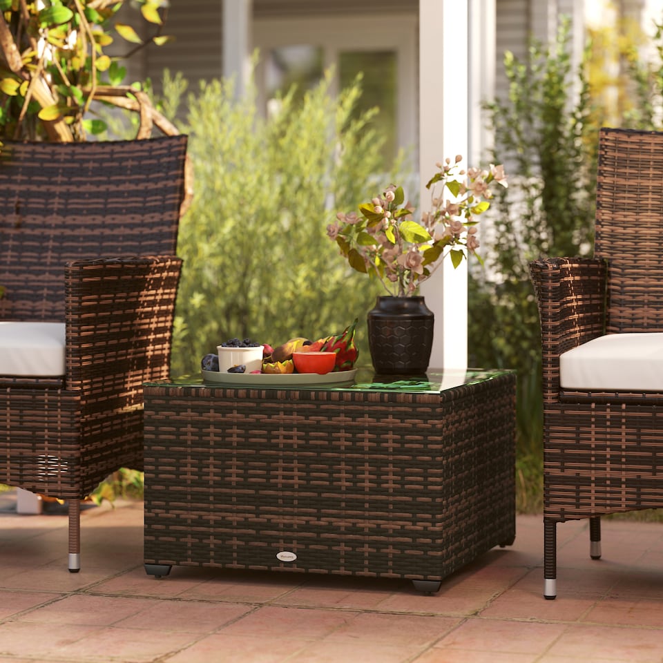 image 1 of Outsunny Outdoor Coffee Table with Glass Top, Rattan Side Table, Brown
