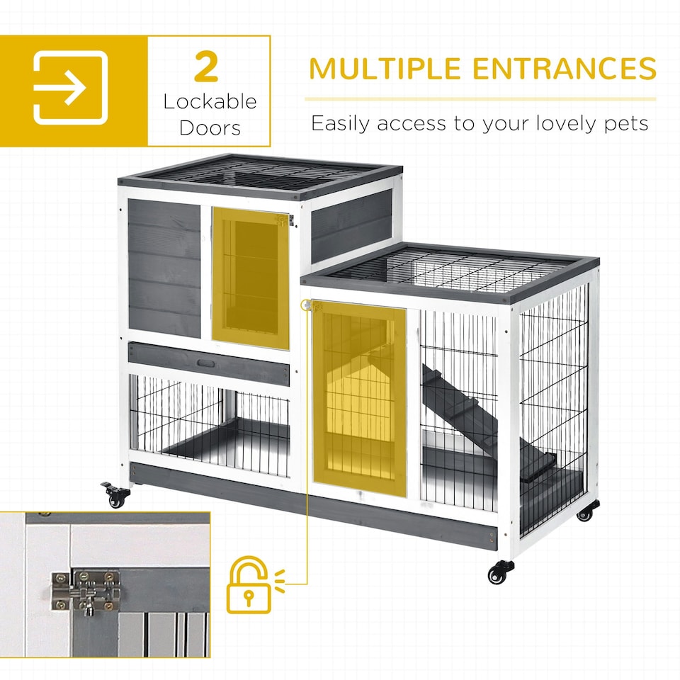image 1 of PawHut Wooden Indoor Rabbit Hutch Elevated Bunny Cage with Enclosed Run W/Wheel