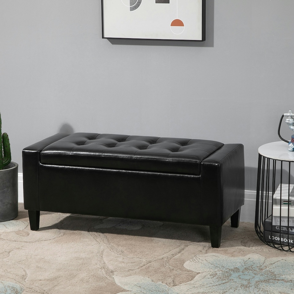 image 1 of HOMCOM 40x90cm PU Leather Storage Ottoman Bench Wood Frame w/ Tufting Feet Black