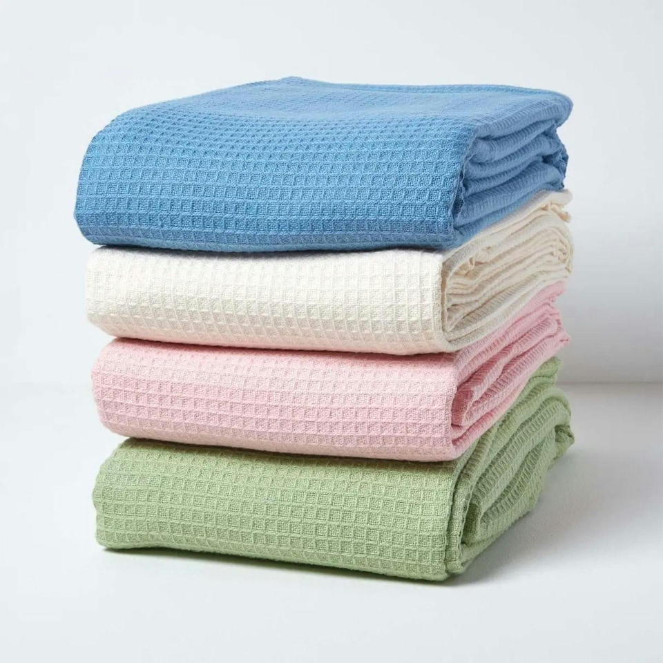image 1 of Homescapes Organic Cotton Waffle Blanket/ Throw Sage Green - 250 x 230 cm
