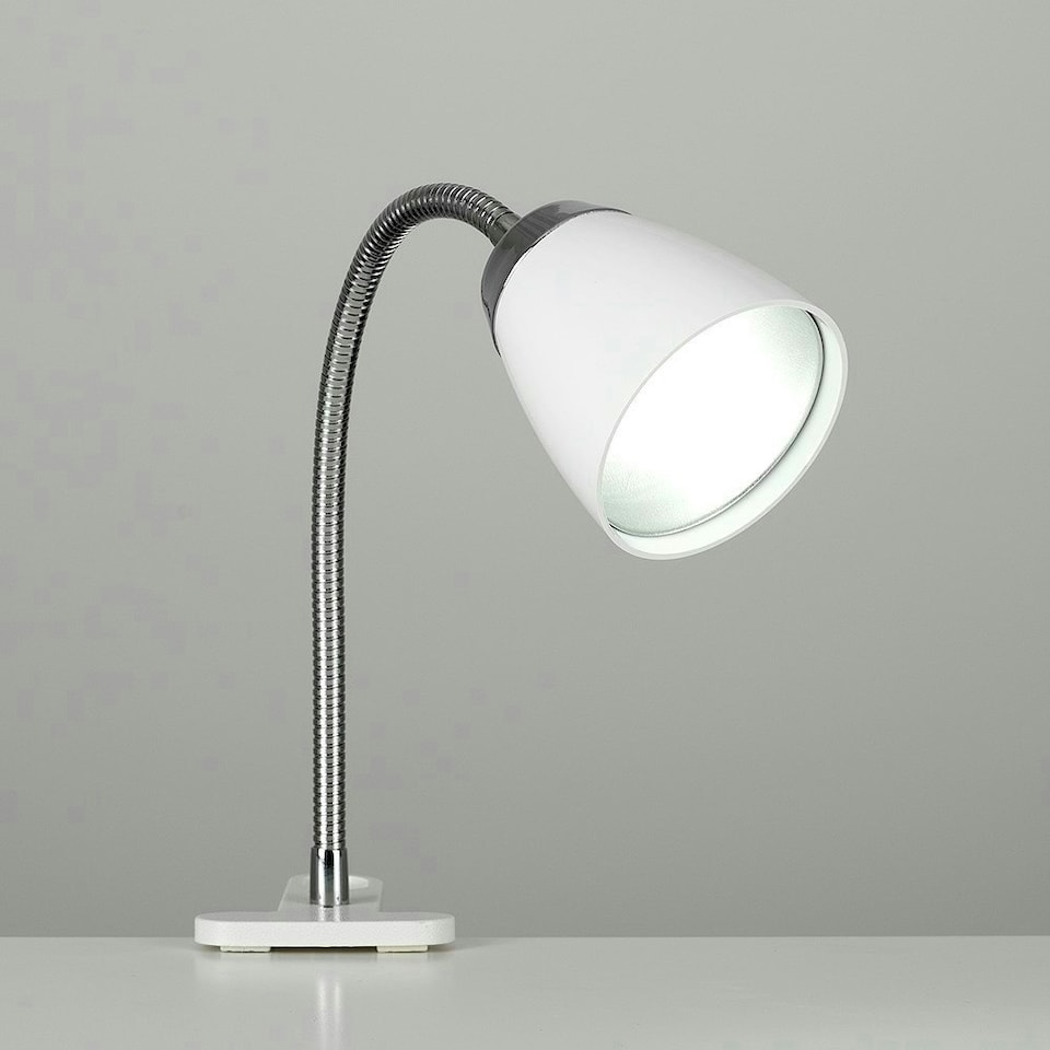 image 1 of ValueLights Adjustable Single Gloss White And Chrome Clamp Clip On LED Desk Spotlight Table Light